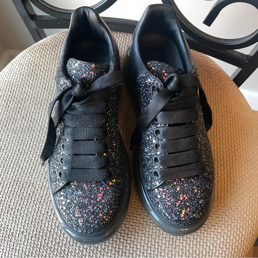 Alexander McQueen Black Galaxy Glitter Oversized Sneakers; Bubble Sole, US 7